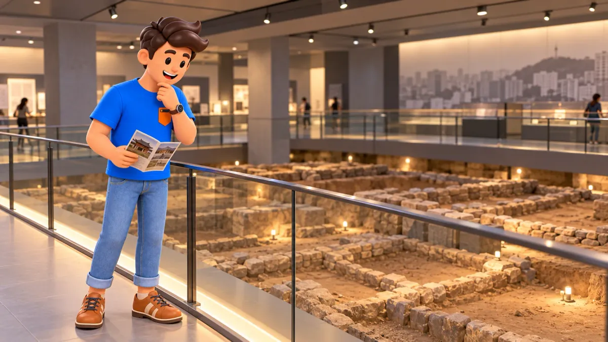 Voyageur près d’une exposition archéologique imaginée avec fondations basses