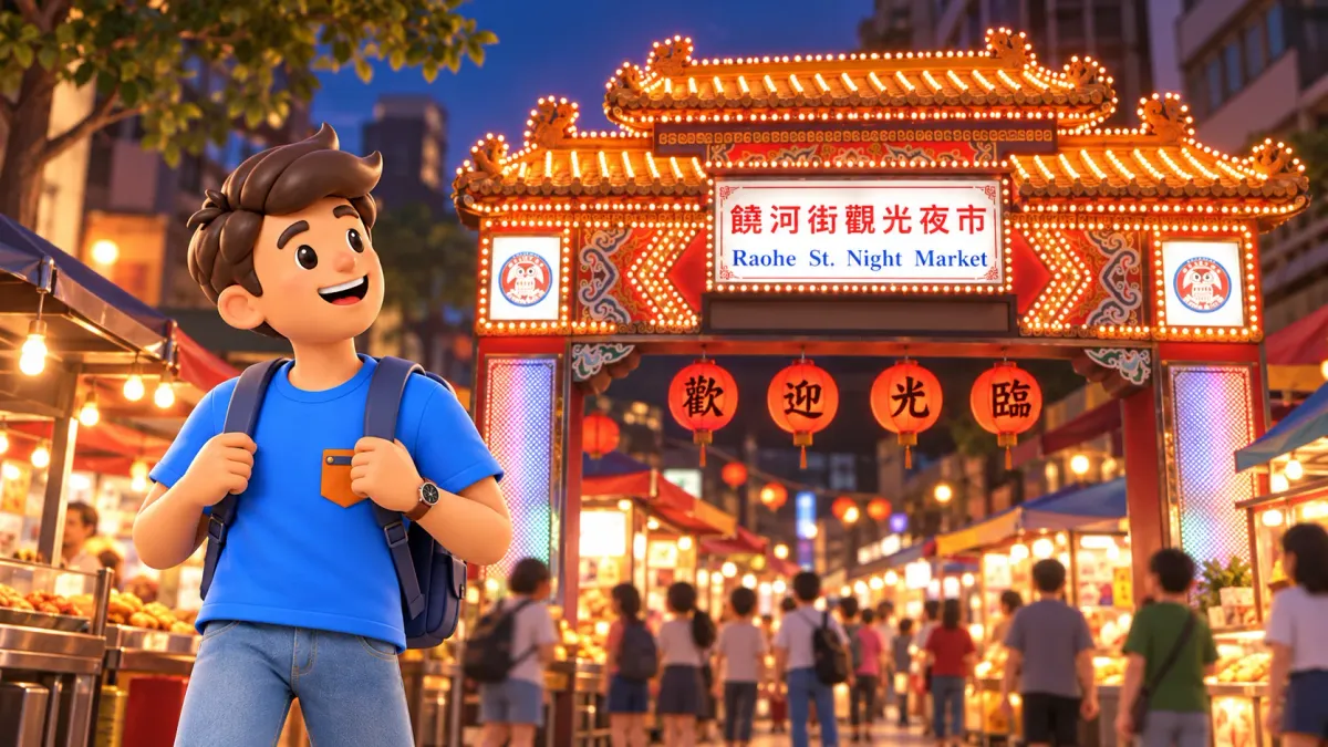 A traveller beside the illuminated eastern gate of Raohe Night Market
