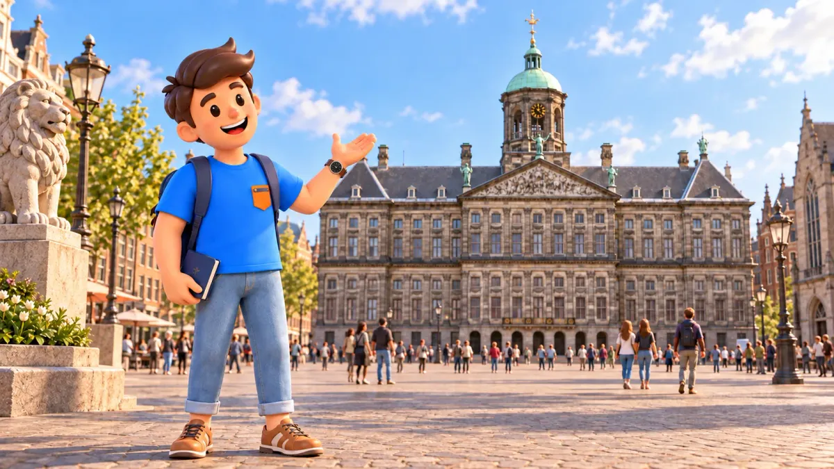 Illustration inspired by Dam Square with a traveller observing the Royal Palace from the public square