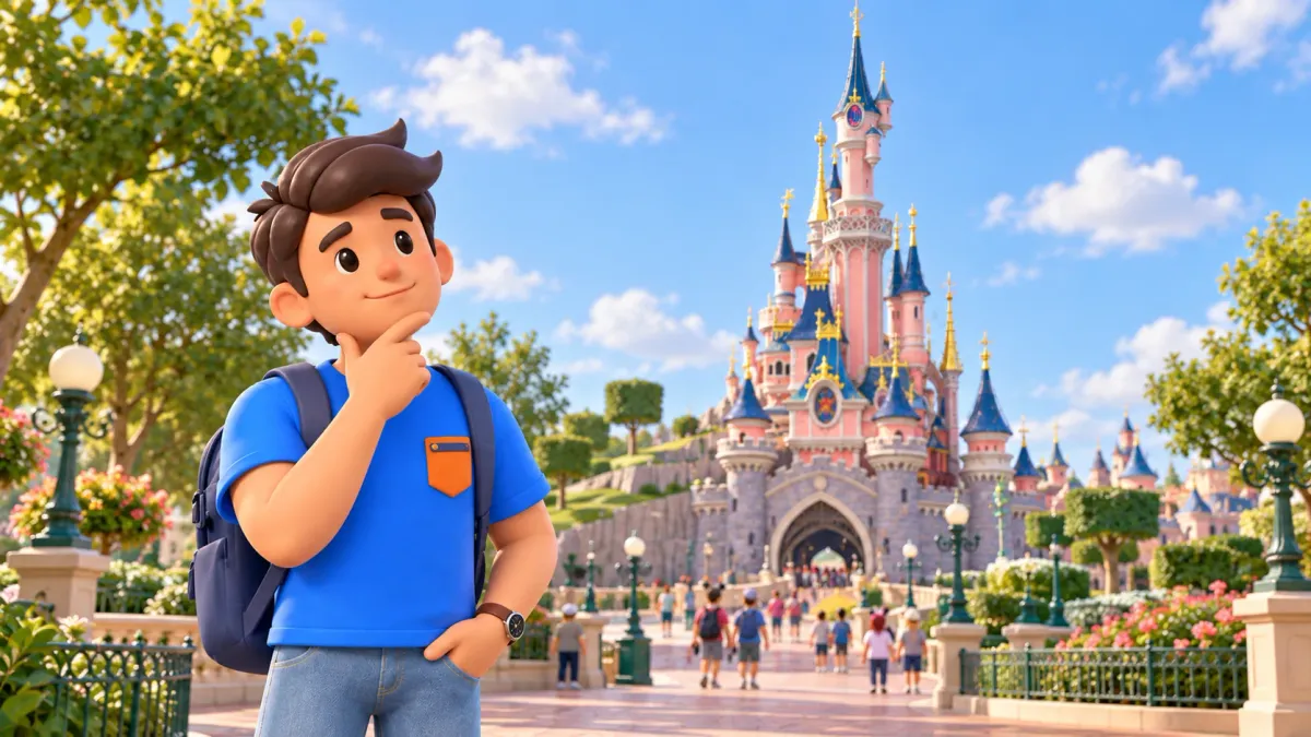 A traveller considering a visit beside Sleeping Beauty Castle in Disneyland Paris