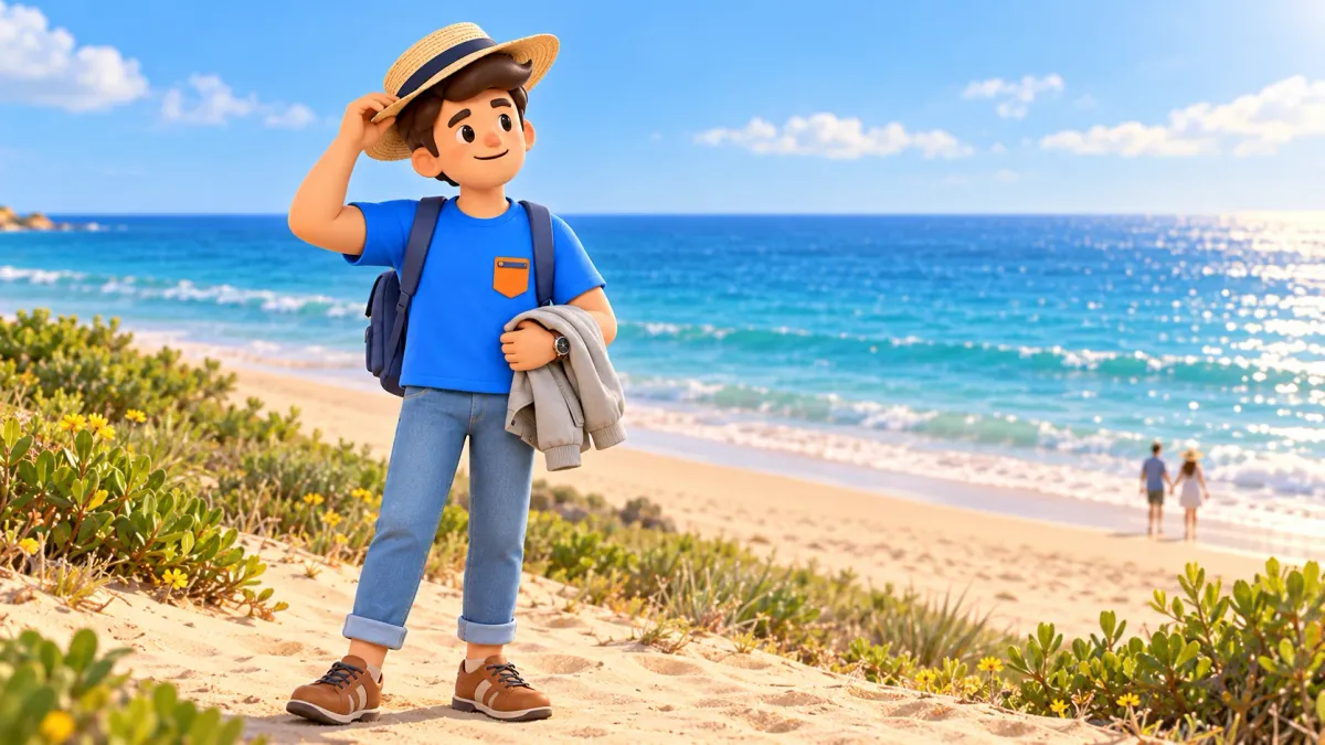 Un viajero junto al mar con sombrero y chaqueta ligera