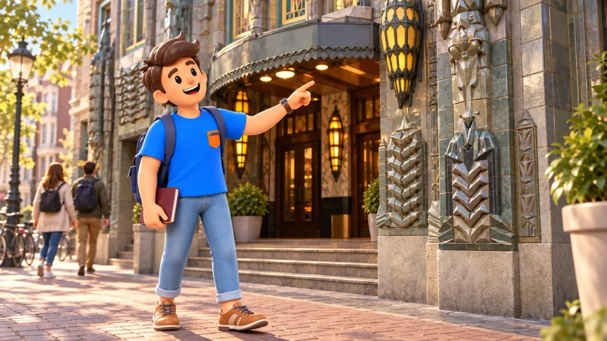 Ilustración inspirada en la fachada de Tuschinski con un viajero observando decoración geométrica y lámparas desde la acera