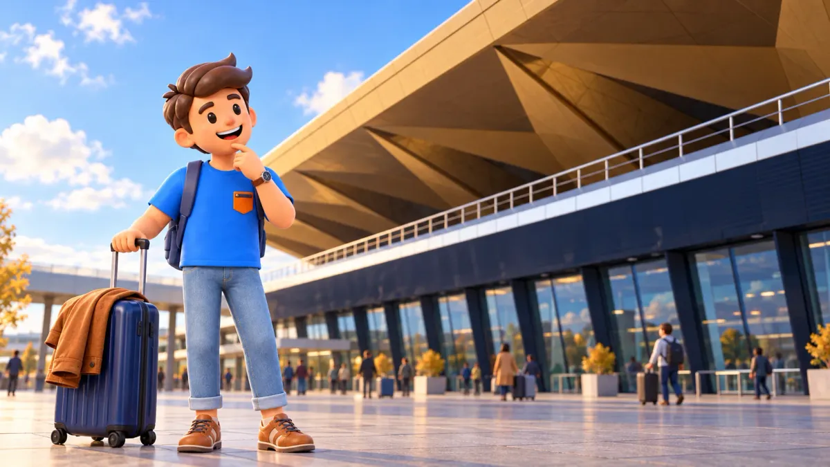 Voyageur avec valise devant le terminal de Pulkovo au toit plissé