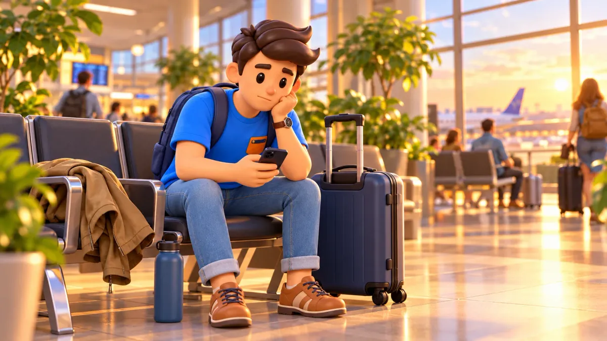 Voyageur préparant la suite dans une salle d'arrivée