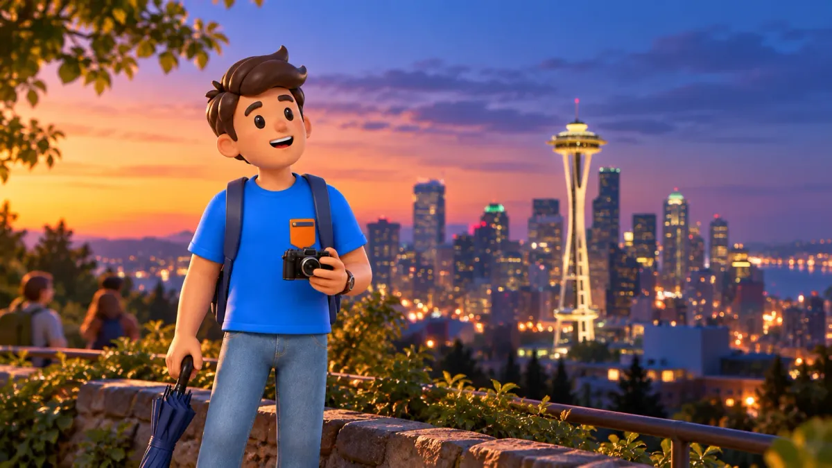 Путешественник с камерой и зонтом смотрит на Space Needle в сумерках