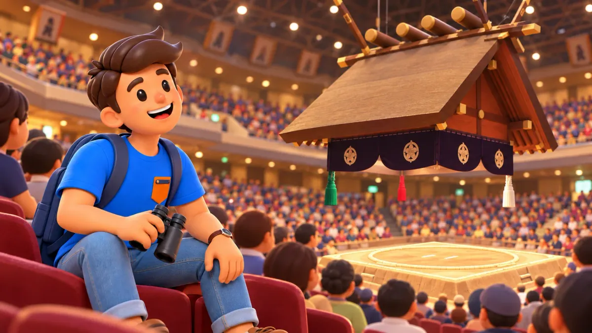 Voyageur dans les tribunes devant le dohyo et son toit suspendu