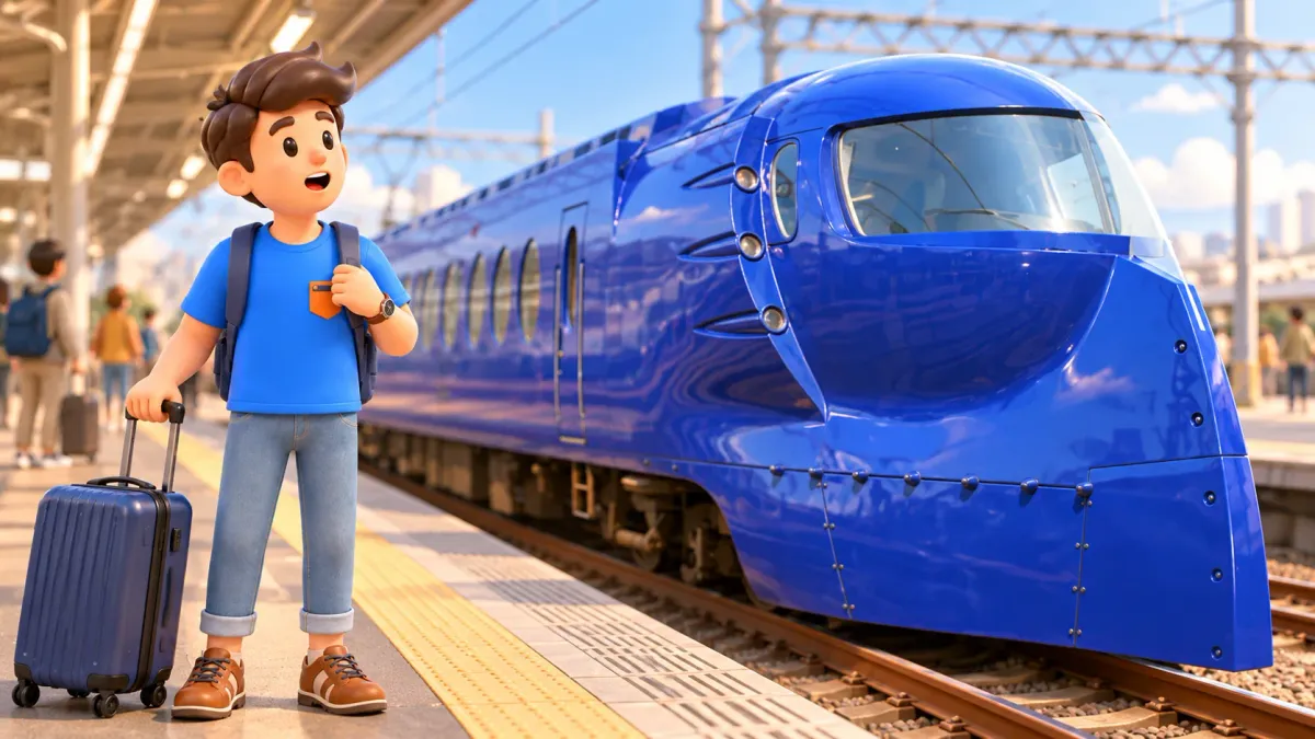 Viajero con maleta junto al tren azul Rapi:t