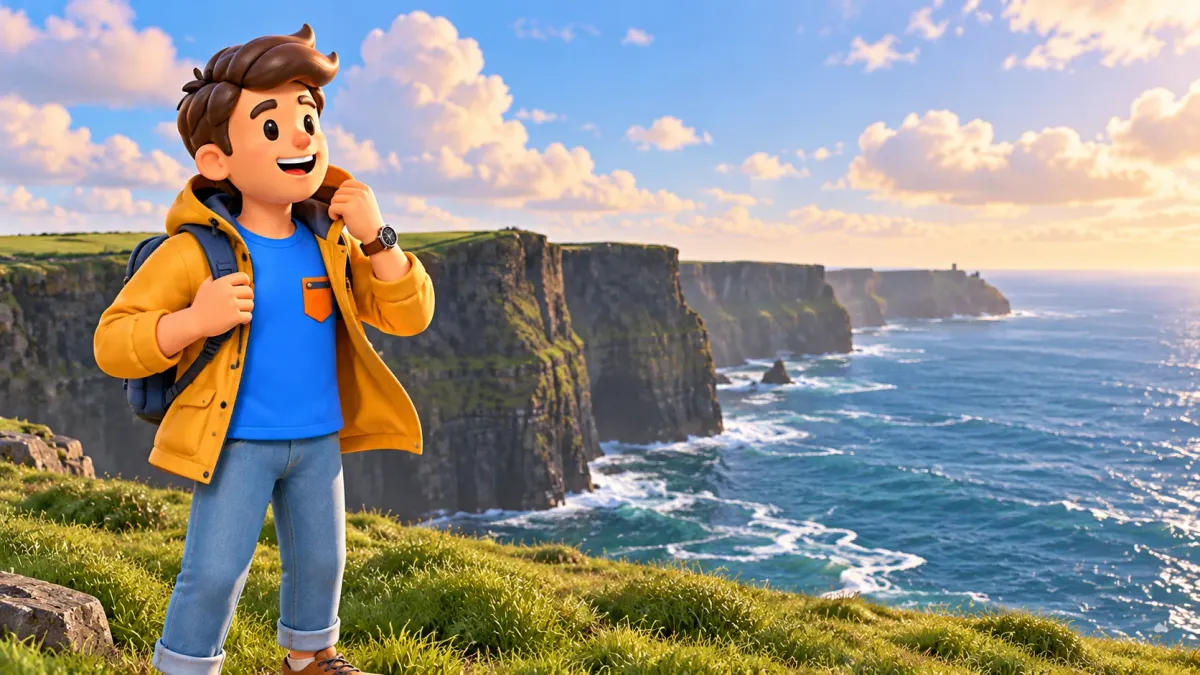 Traveller in a rain jacket with the Cliffs of Moher behind