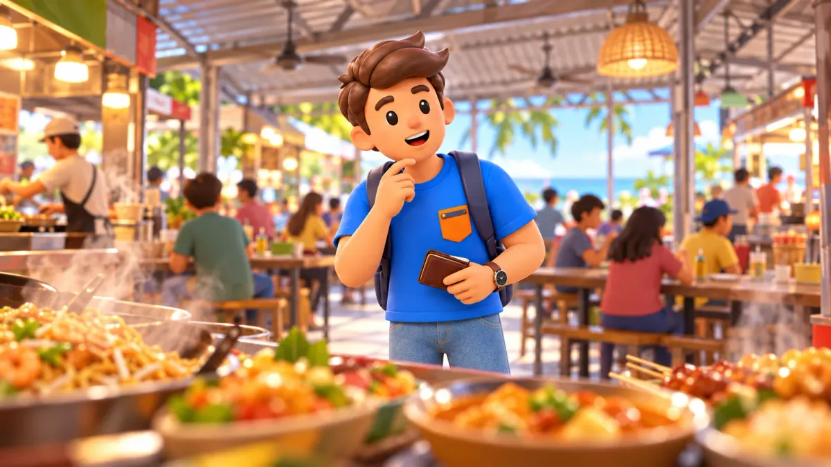 Traveller choosing food in a generic shared hawker-style dining hall