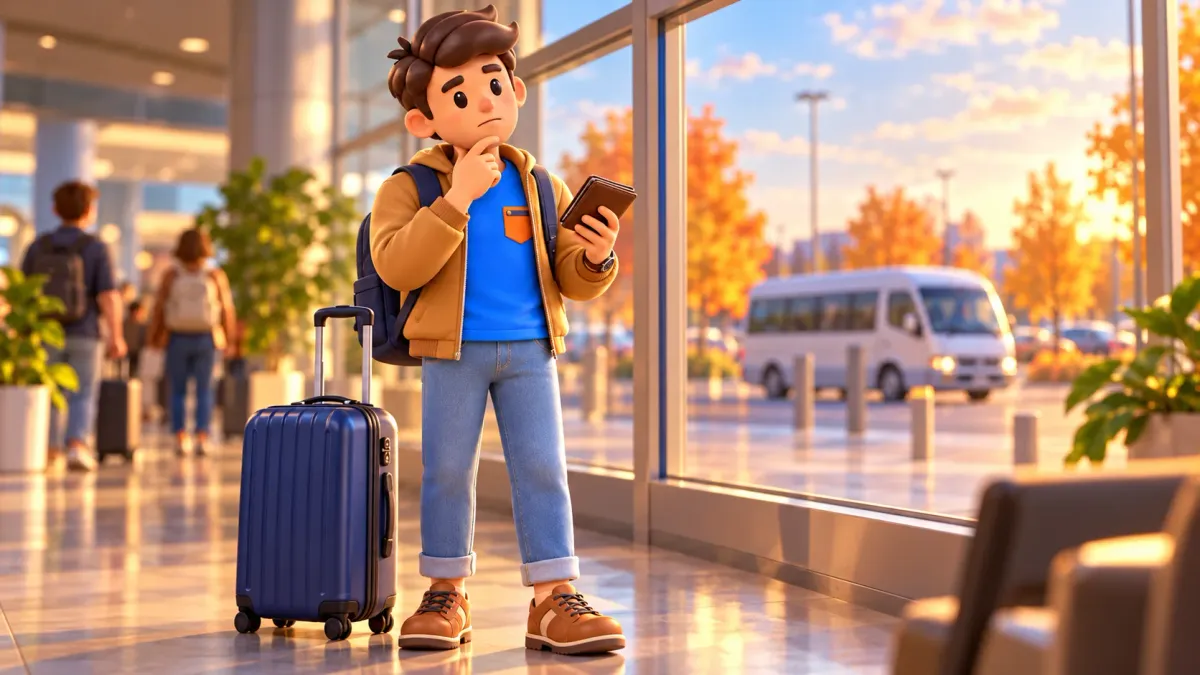 Viajero con maleta eligiendo transporte en una sala de llegadas genérica