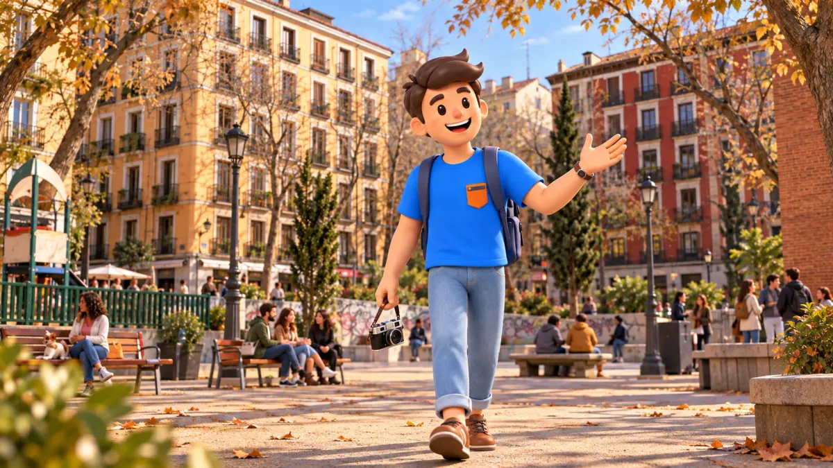 Illustration d’un voyageur avec un appareil photo sur la Plaza del Dos de Mayo