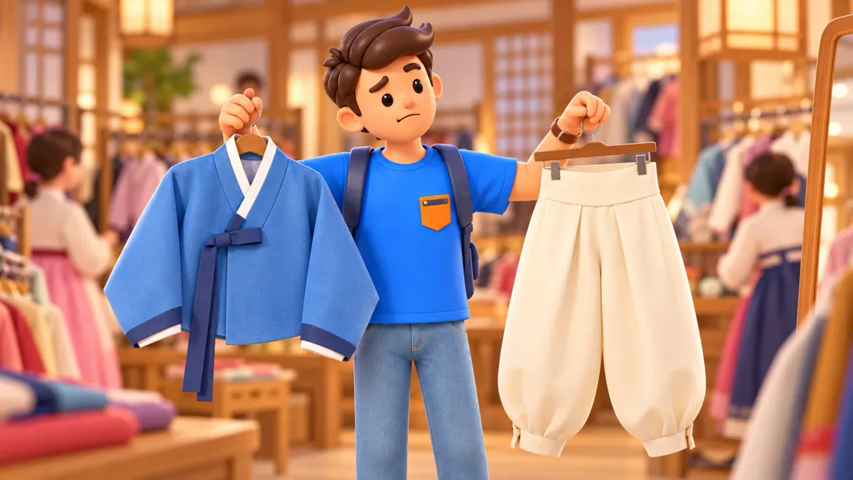 Reisender wählt Hanbok-Oberteil und weite Hose im Verleih