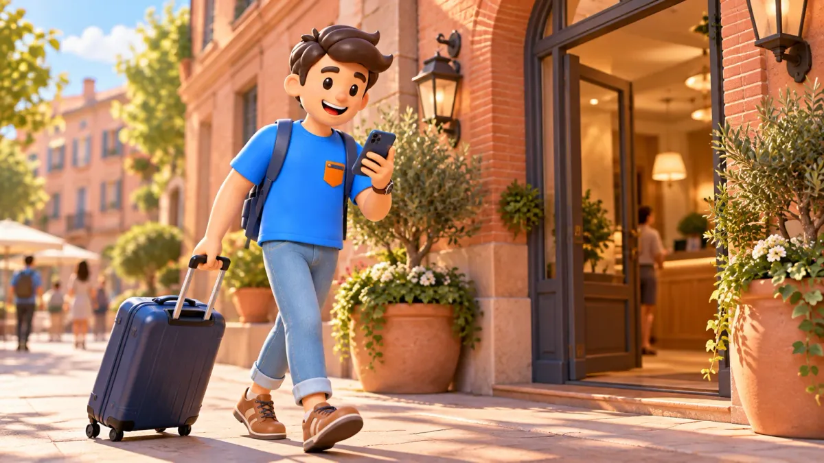 Traveller approaching a hotel with a suitcase