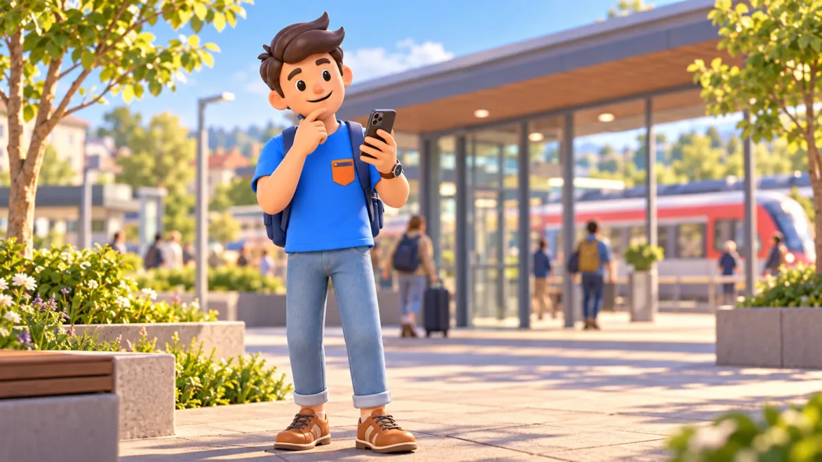 Voyageur consultant son téléphone près d’une gare