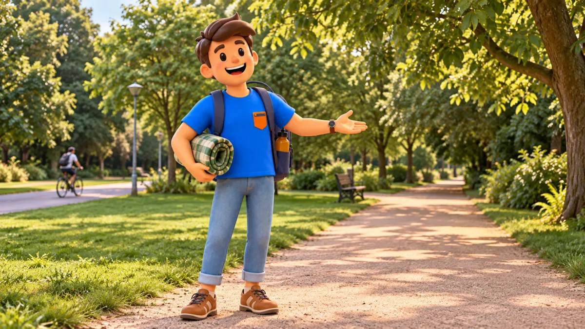 Illustration thématique d’une pause au Vondelpark avec un voyageur portant un plaid à carreaux près d’une allée verte