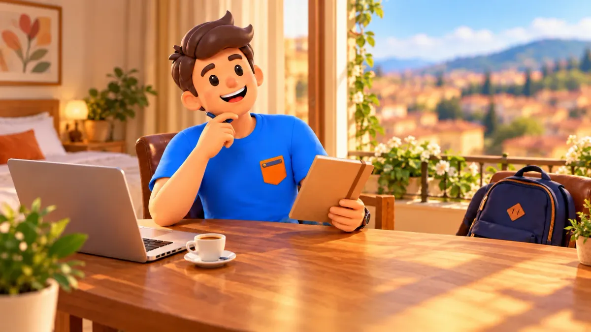 Traveller considering a museum visit at a hotel table