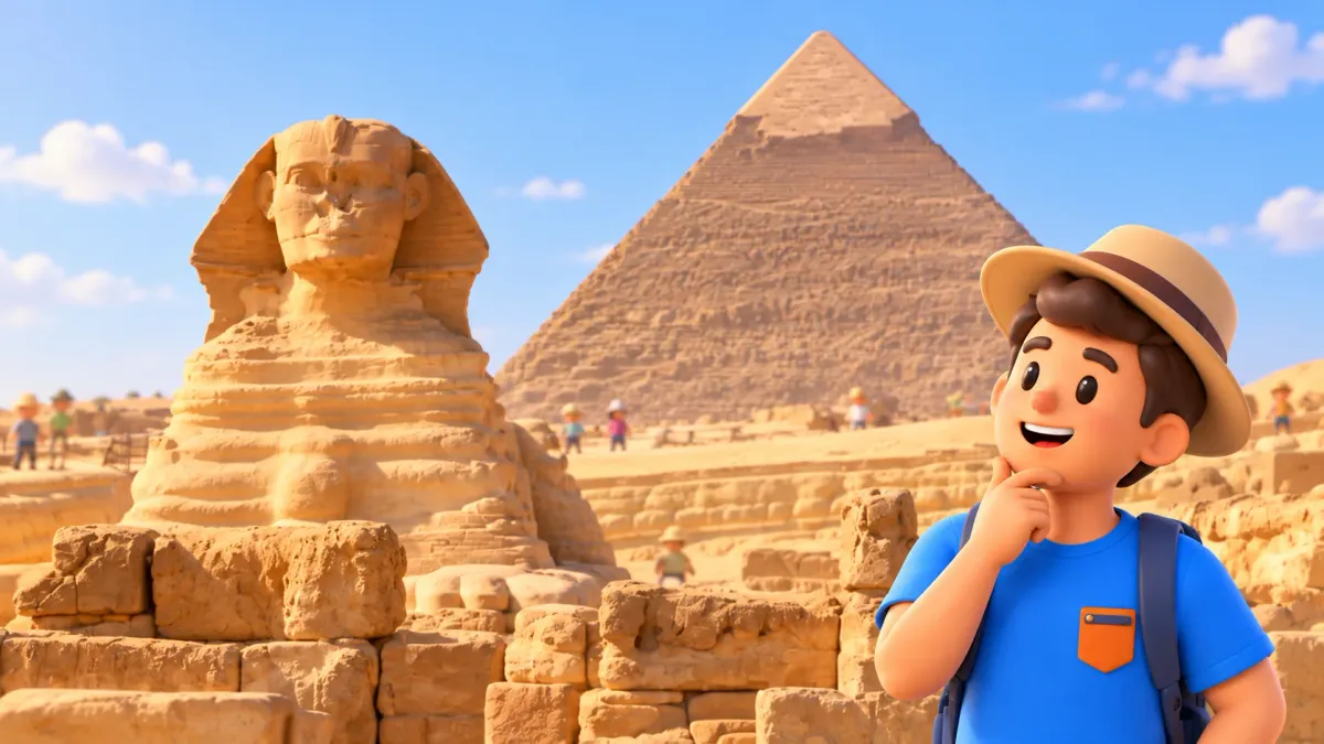 Sphinx et pyramide de Khéphren à Gizeh redessinés d'après une photo officielle
