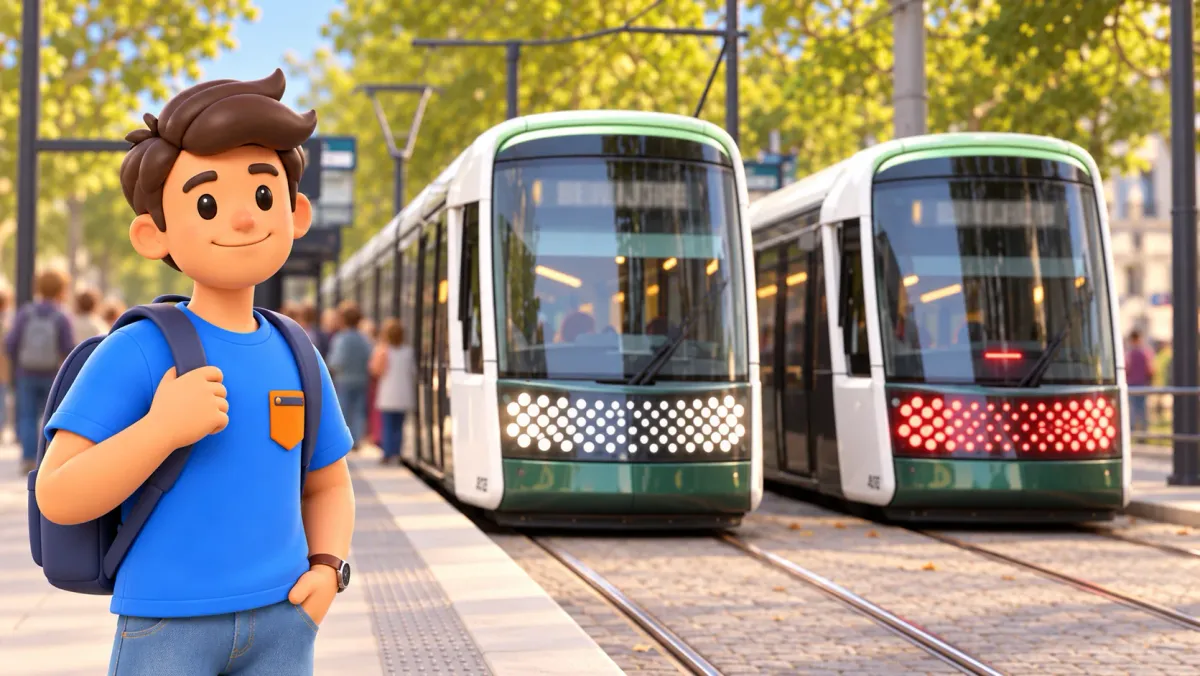 Viajero y dos tranvías Citadis de Nantes recreados a partir de una foto oficial