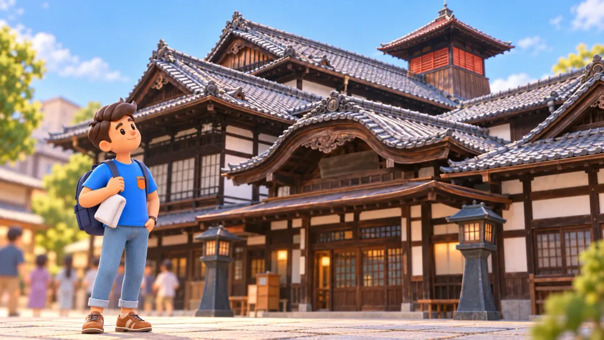 Honkan de Dogo Onsen illustré d’après une photographie officielle