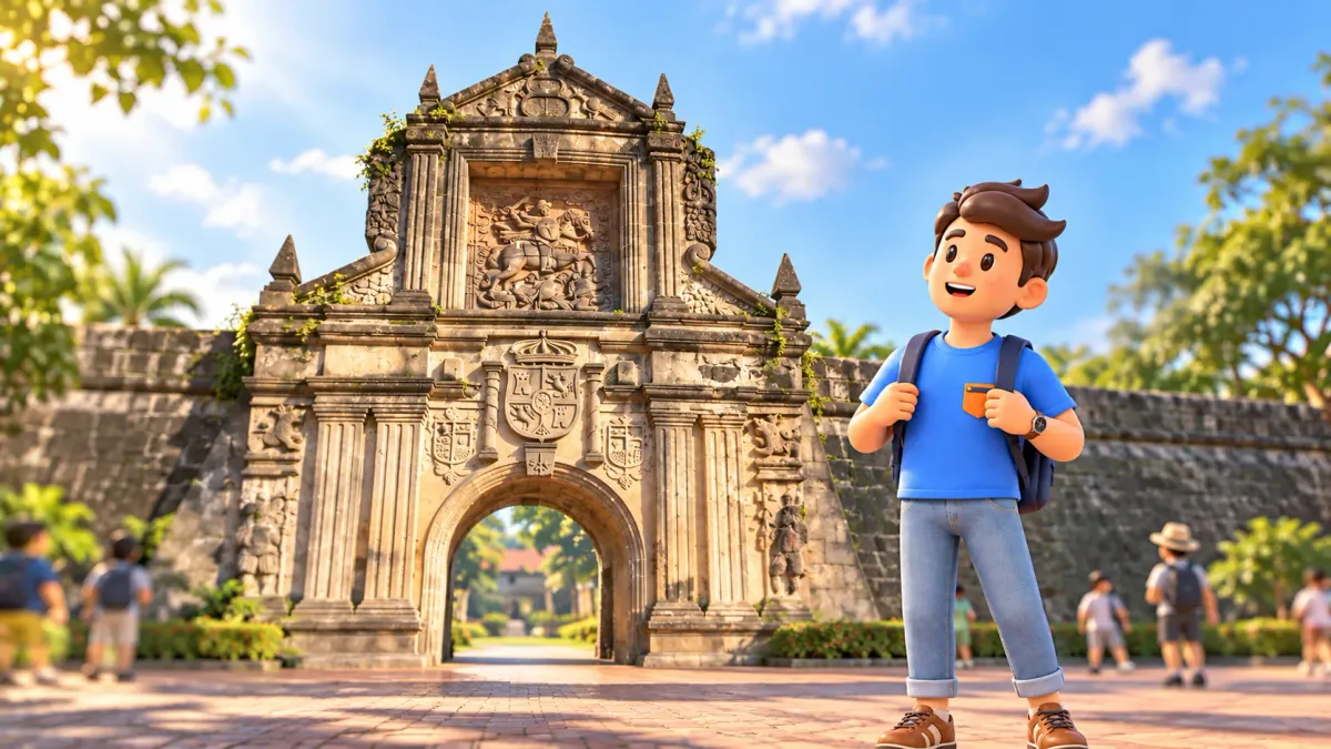 Fort Santiago gate with its historic relief in a stylized illustration