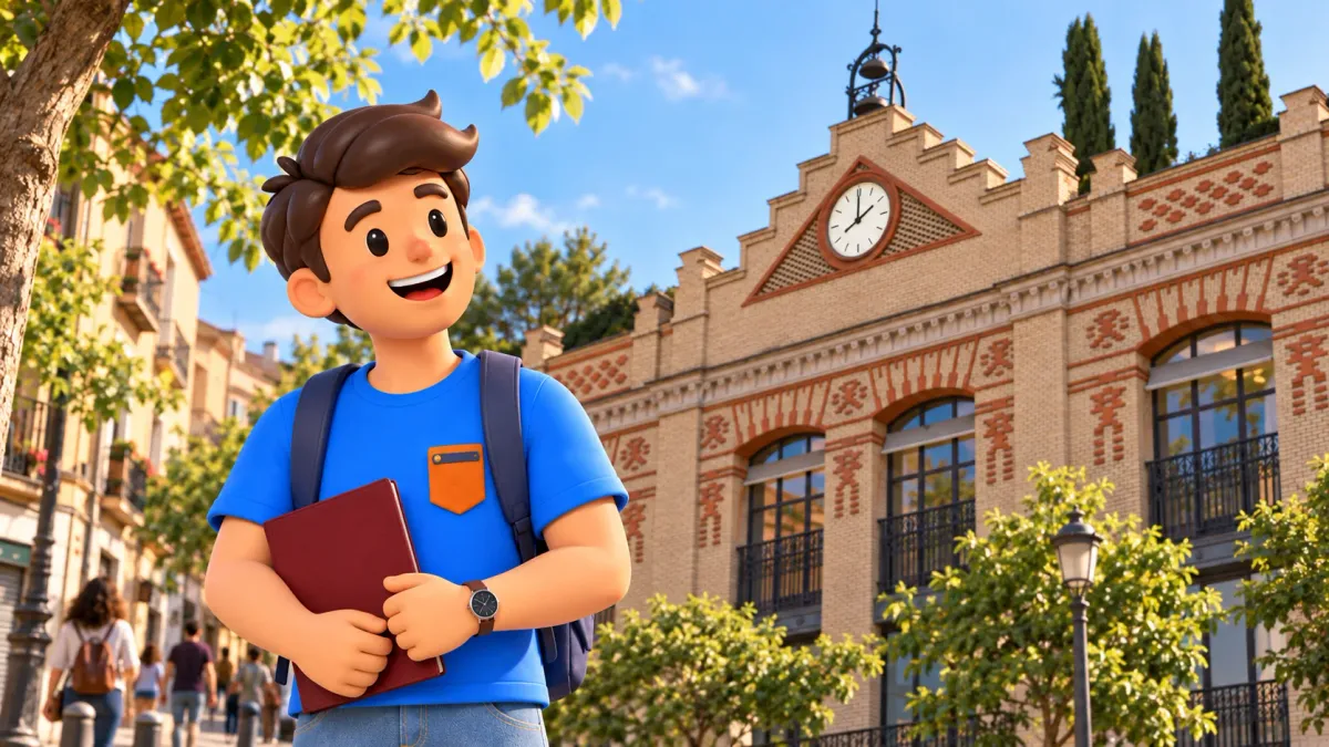 Illustration d’un voyageur avec un dossier devant la façade de brique de La Casa Encendida