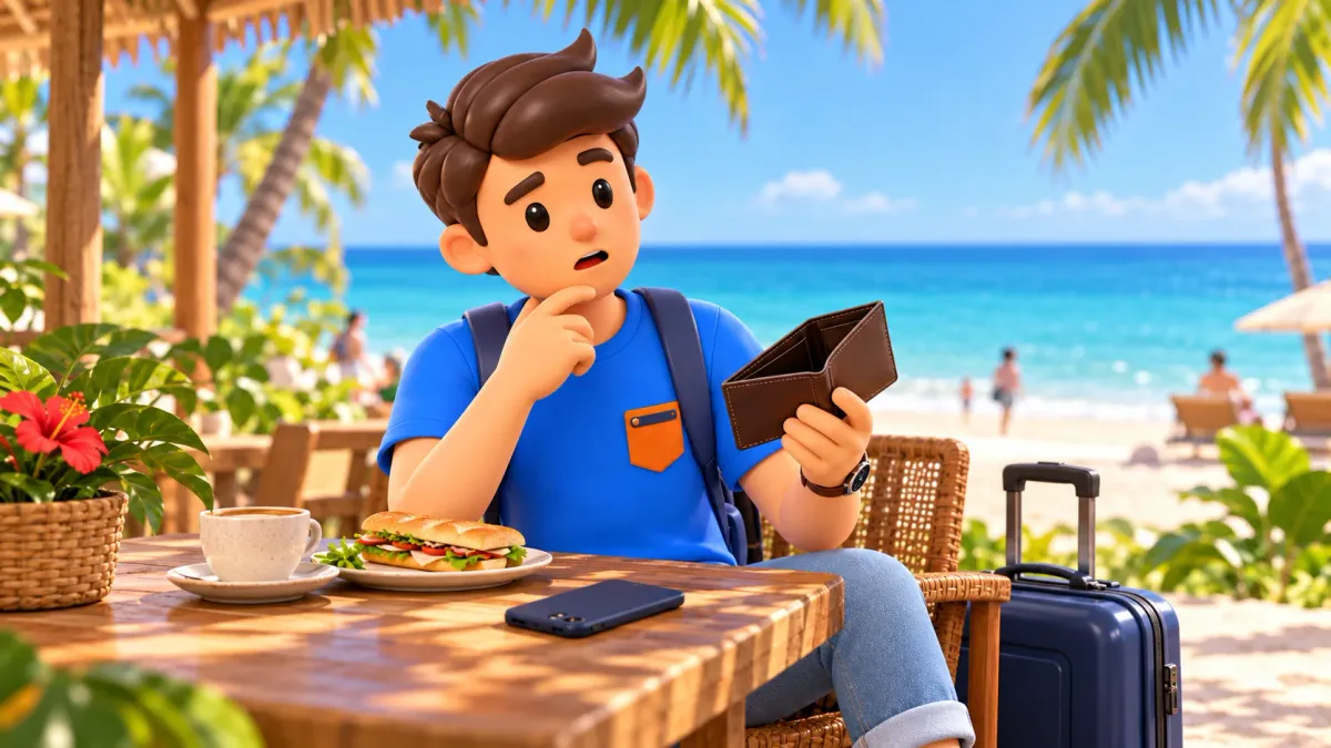 Voyageur réfléchissant au budget dans un café tropical en bord de mer