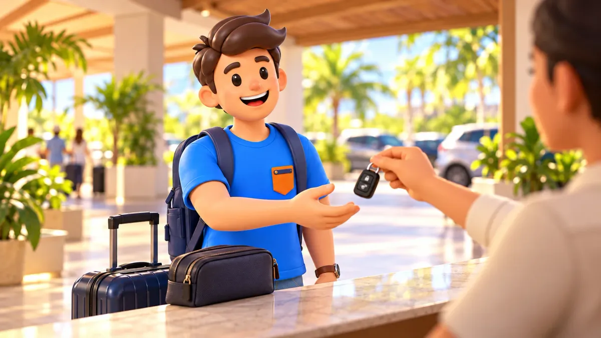 Viajero recibiendo las llaves en un mostrador de alquiler