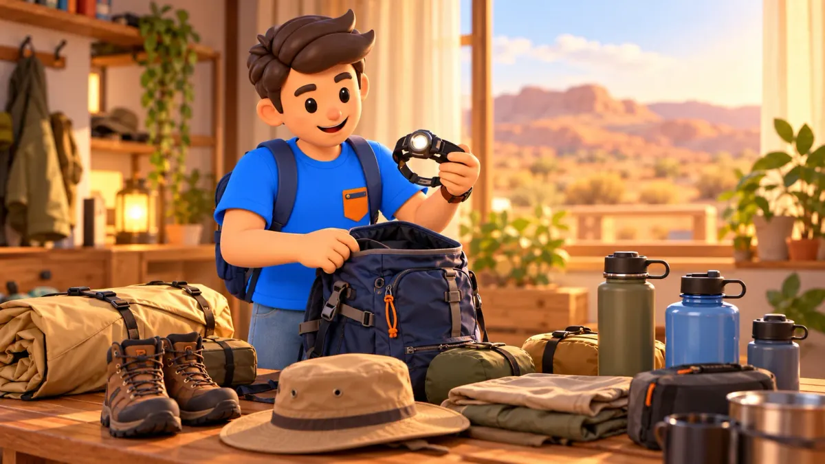 Personaje de RoadMe preparando linterna, calzado y agua para un viaje