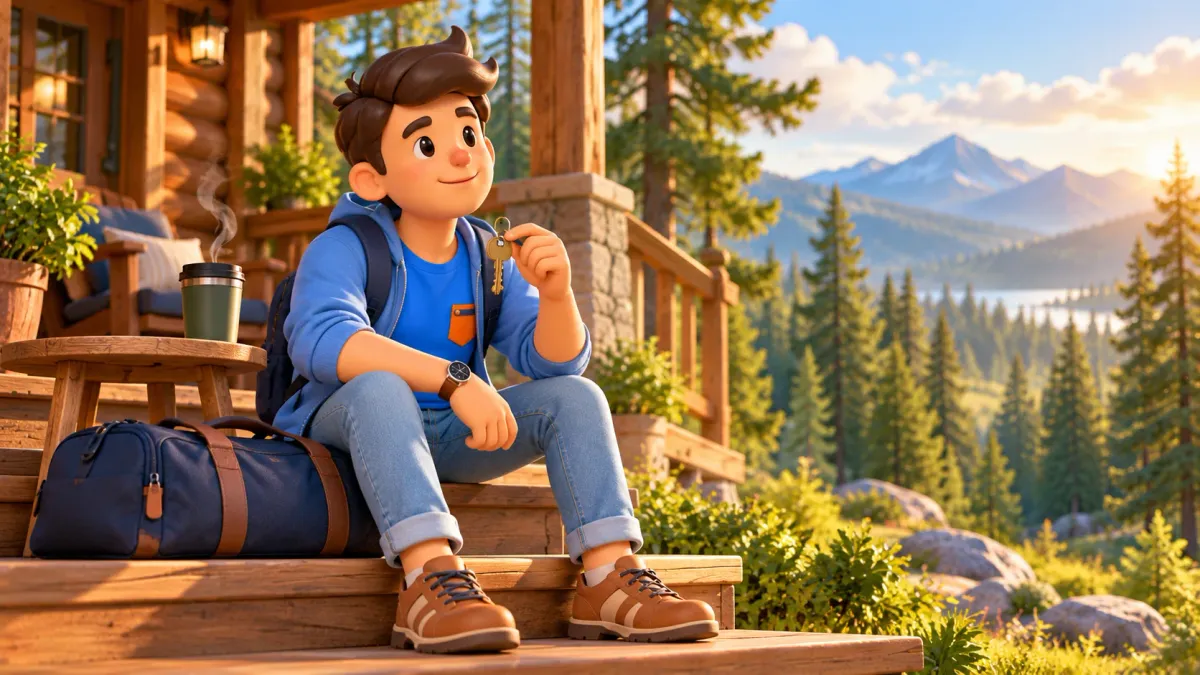 Traveller holding a key beside a duffel on a generic woodland cabin porch