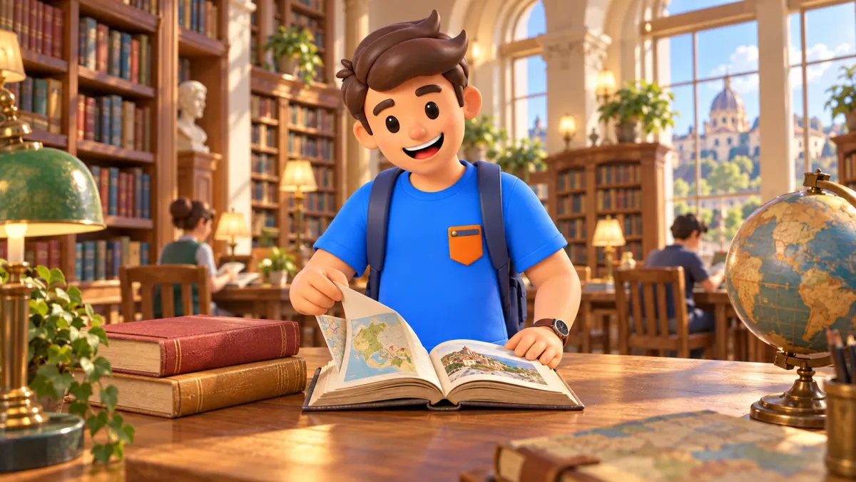 Traveller reads an old-style guidebook in a library