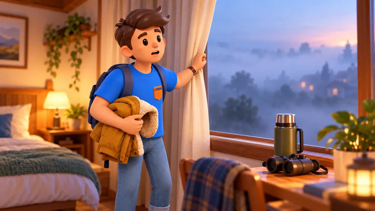 RoadMe character noticing morning fog and preparing a warm jacket