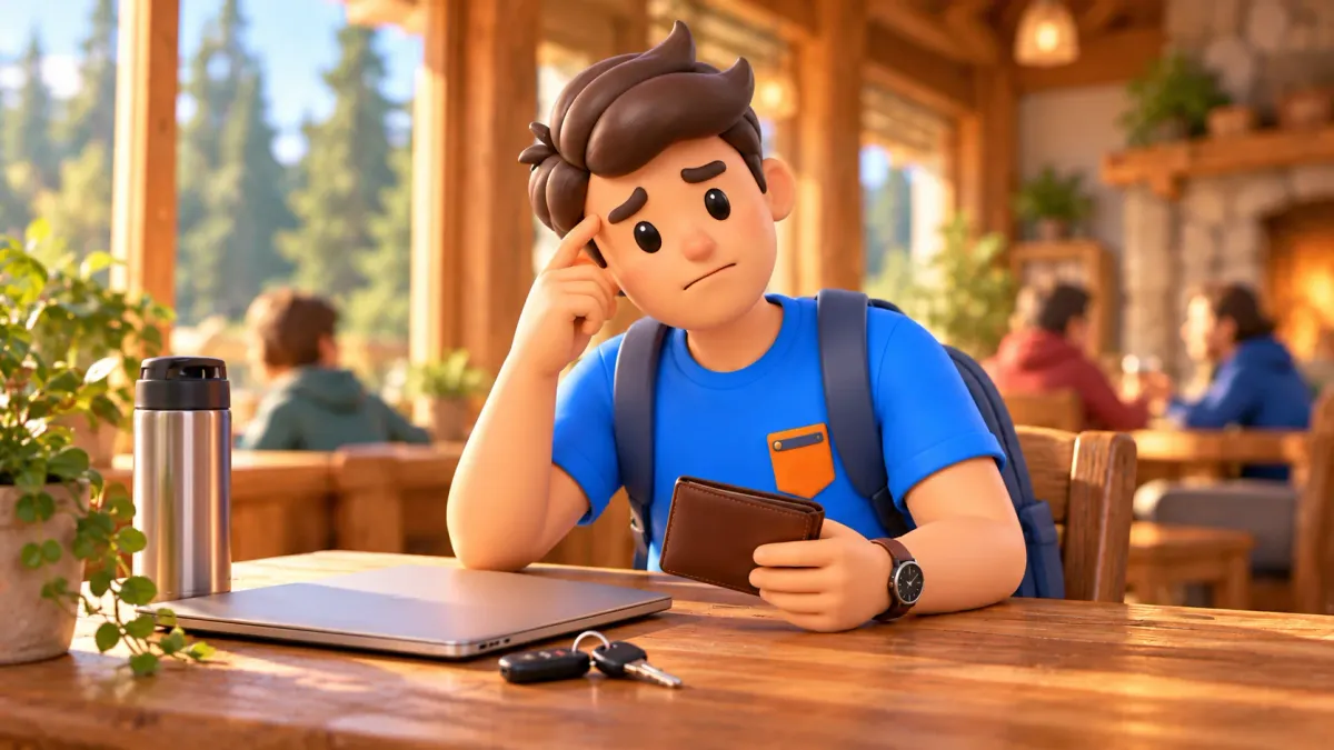 Traveller considering travel costs at a lodge table