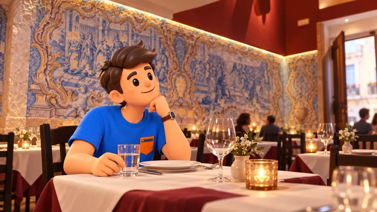 Un viajero en una mesa ante paneles históricos de azulejos