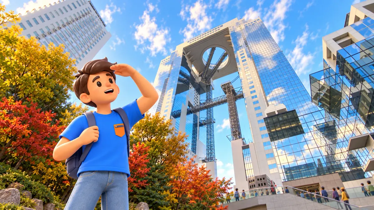 Путешественник у Umeda Sky Building с двумя башнями и верхним соединением