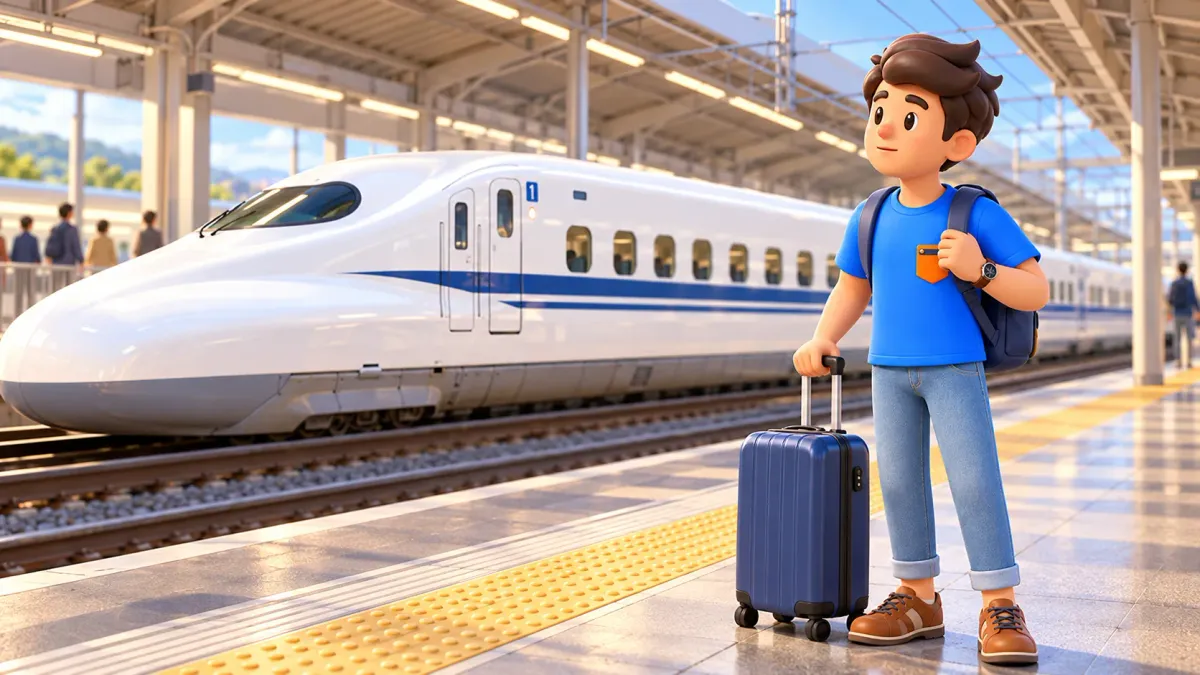 Traveller with luggage beside an N700 Shinkansen