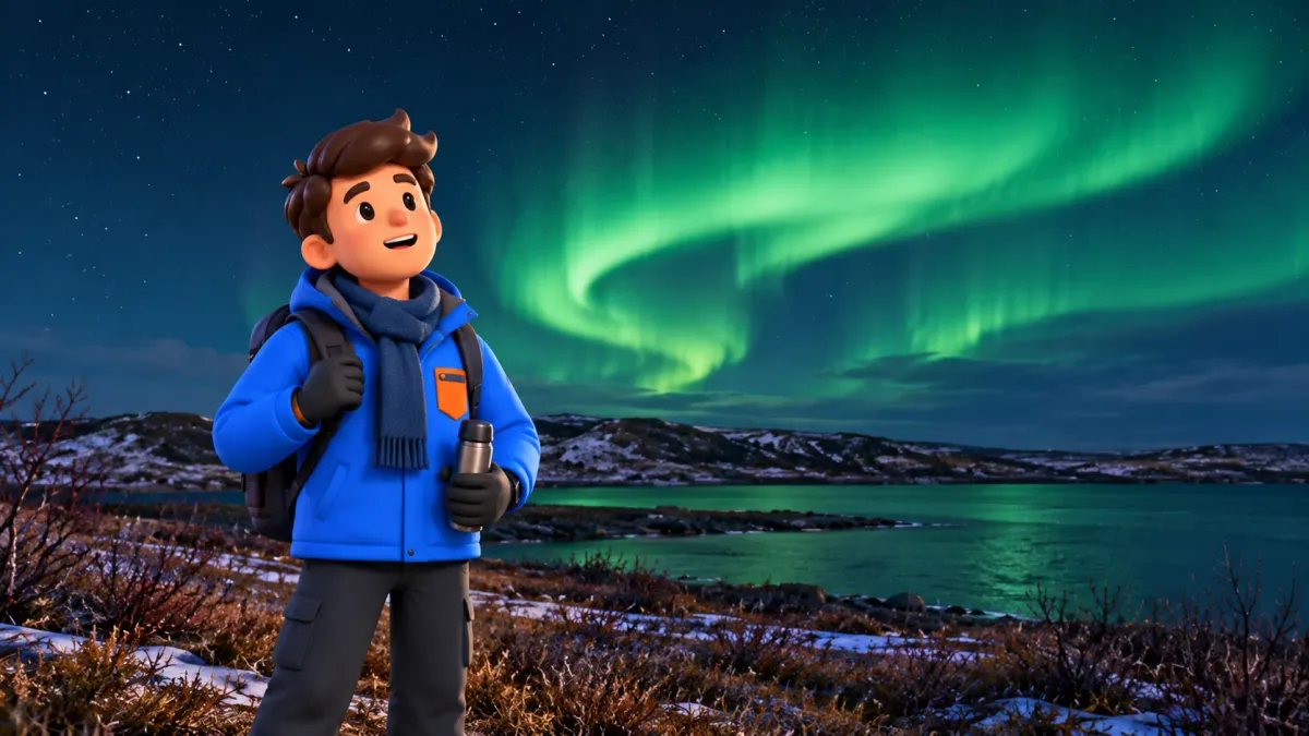 Viajero a orillas de un lago bajo una aurora boreal