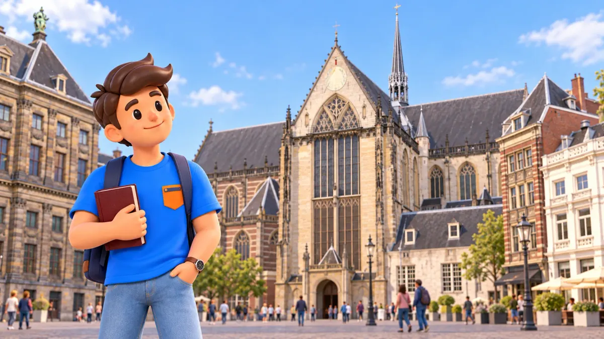 Viajero con un libro ante una Nieuwe Kerk gótica ilustrada en Dam