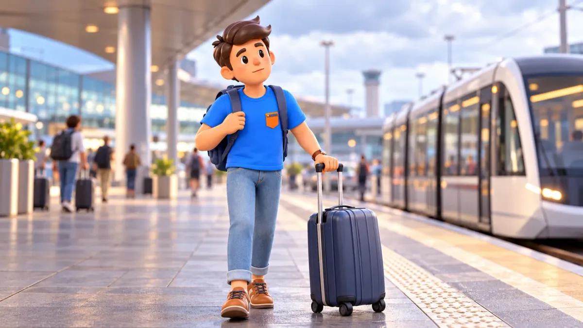 Traveller with a suitcase on a tram platform