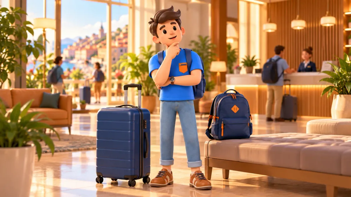 Traveller choosing luggage storage after hotel checkout