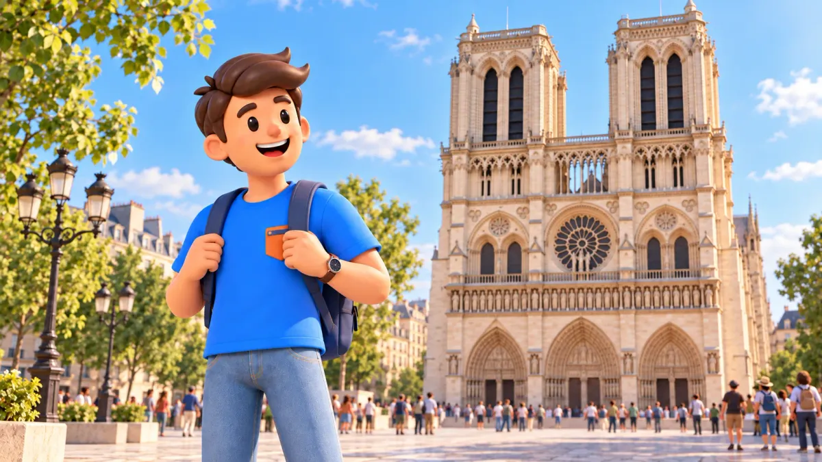 Ein Reisender vor der Westfassade von Notre-Dame bereitet sich auf einen Spaziergang über die Île de la Cité vor