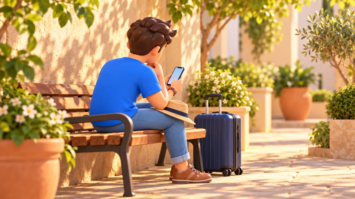 Viajero consultando el teléfono junto a la maleta antes de salir
