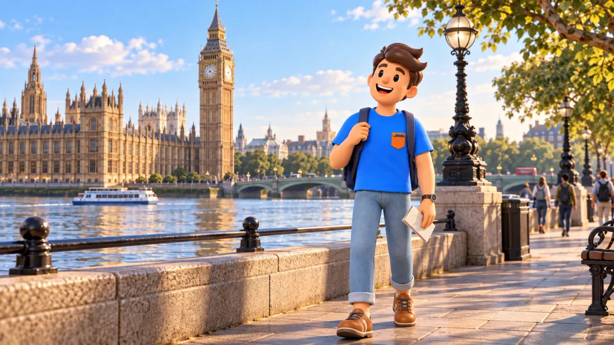 Illustration of a traveller on the south bank of the Thames looking towards Elizabeth Tower and Parliament