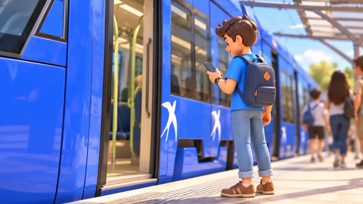 Reisender prüft Telefon vor dem Einstieg in die nach echtem Foto gezeichnete Straßenbahn
