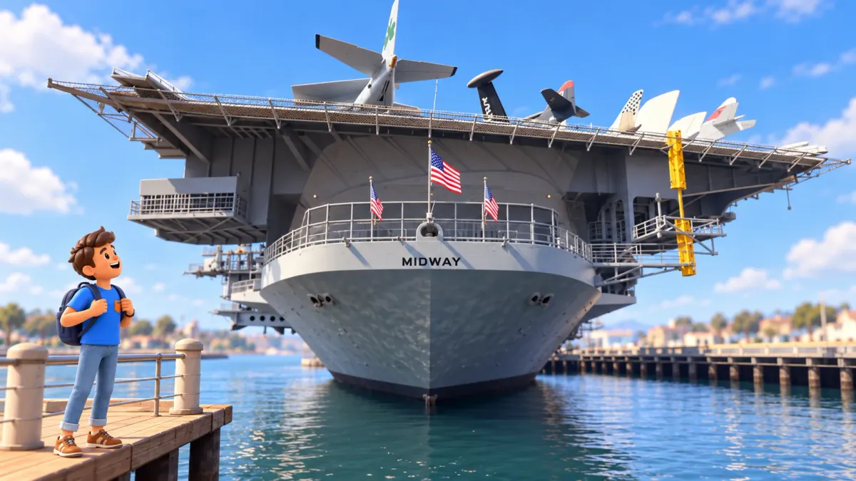 Reisender betrachtet USS Midway am Pier, nach einem offiziellen Foto gezeichnet