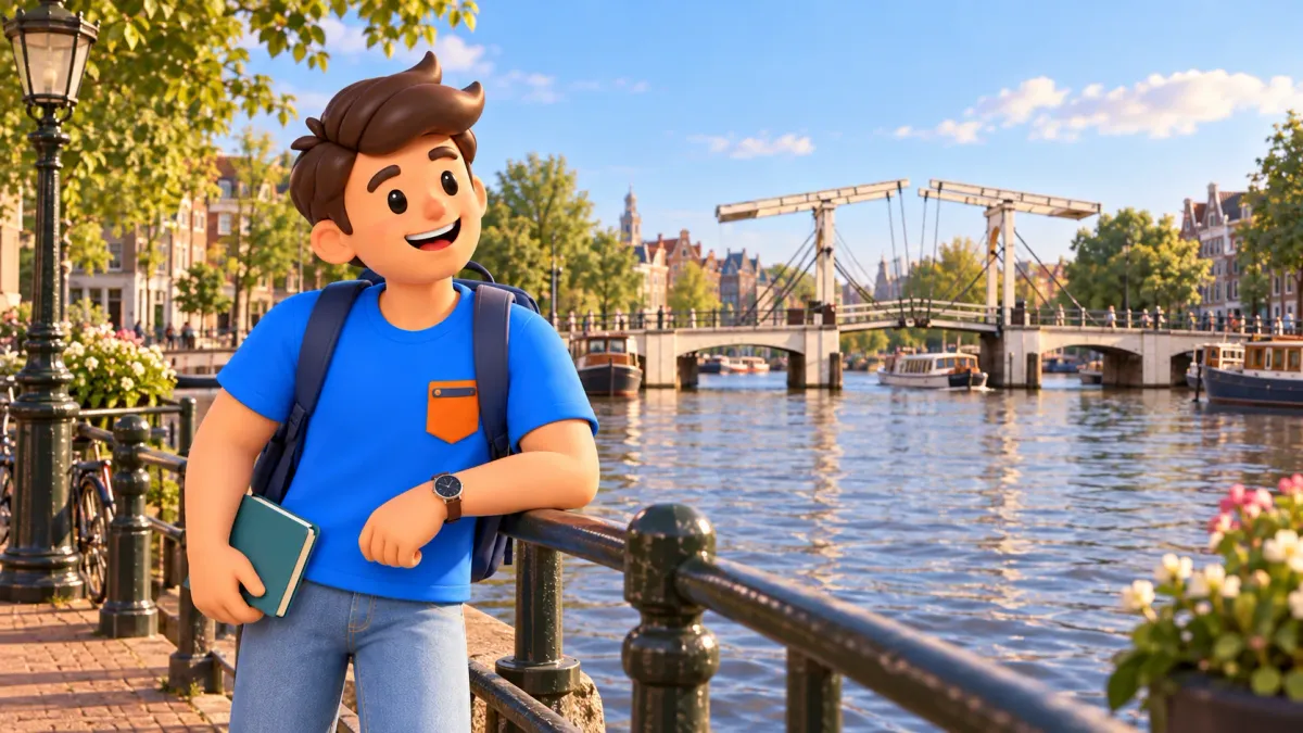 Voyageur avec un carnet sur un quai devant un Magere Brug blanc à pont-levis illustré