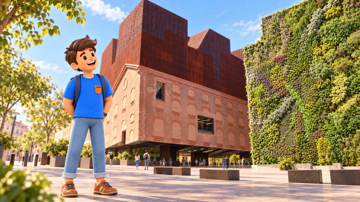 Illustration d’un voyageur les mains dans le dos devant CaixaForum et son jardin vertical voisin