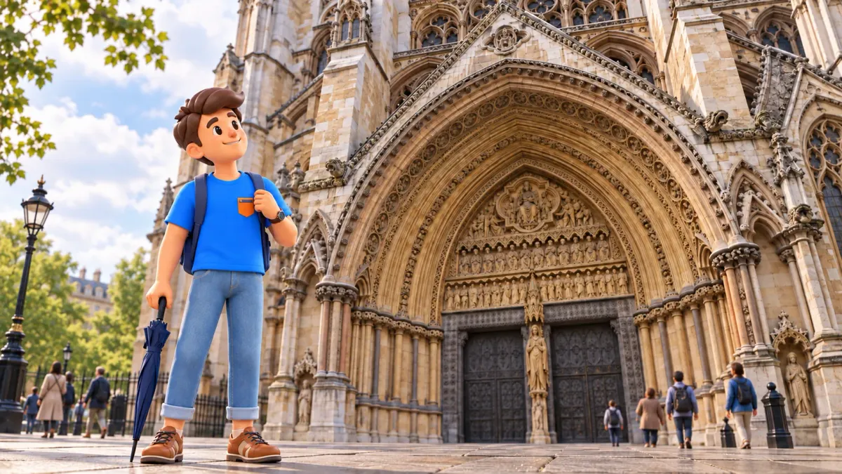 Illustration of a traveller with a closed umbrella beside Westminster Abbey’s carved portal