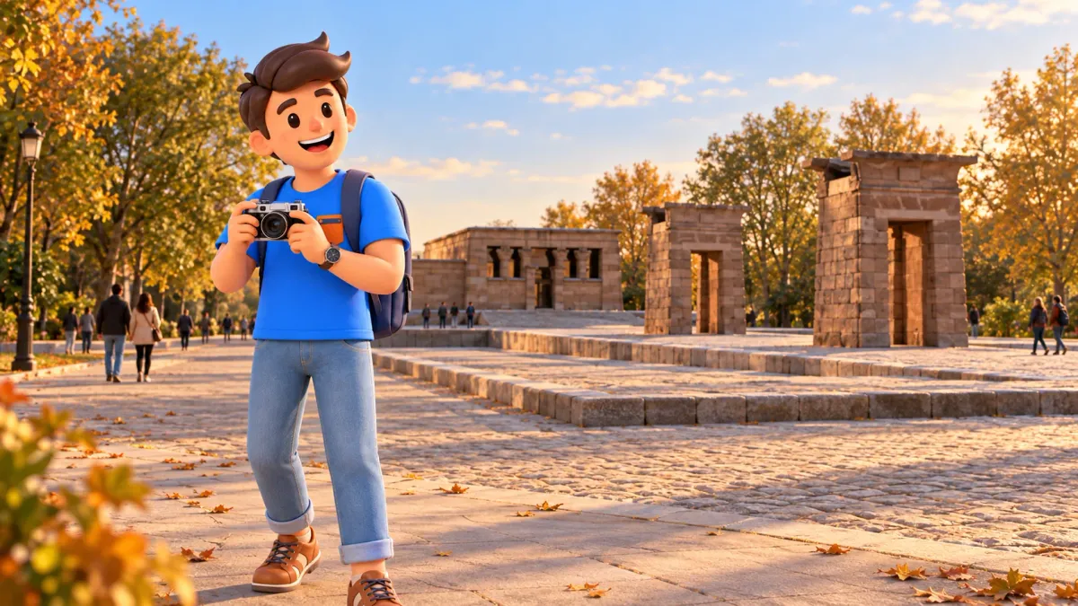 Illustration d’un voyageur avec un appareil photo devant le temple de Debod et ses deux portes de pierre