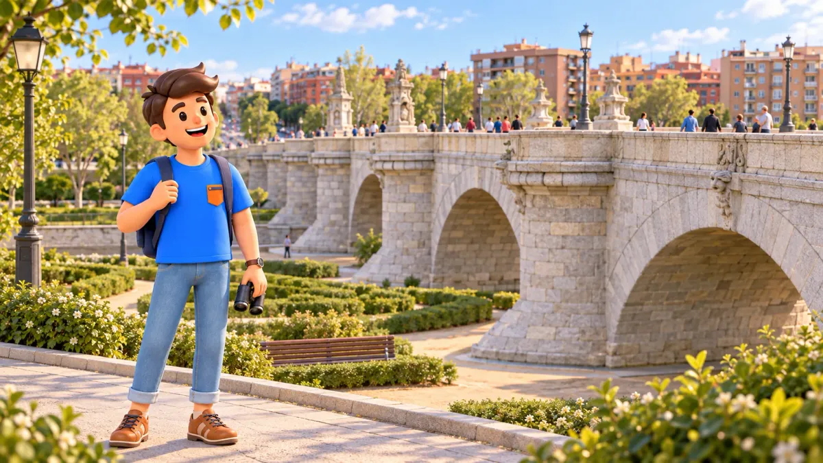 Illustration of a traveller holding binoculars on a riverside path beside Toledo Bridge
