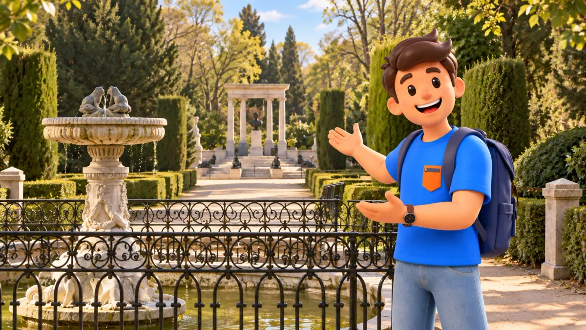 Illustration eines Reisenden bei Exedra und Brunnen im Garten El Capricho